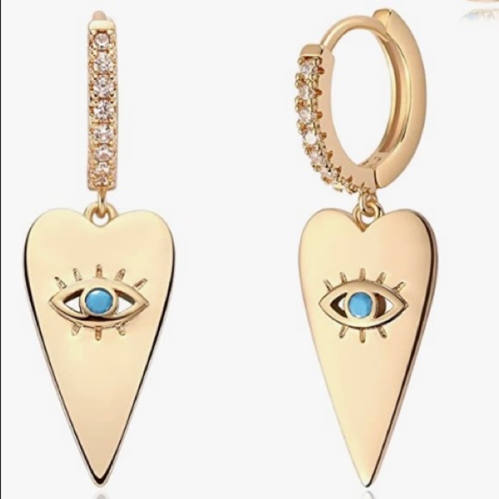 Gold Toned Heart Evil Eye Huggie Hoop Earrings (BRAND NEW WITHOUT TAGS)